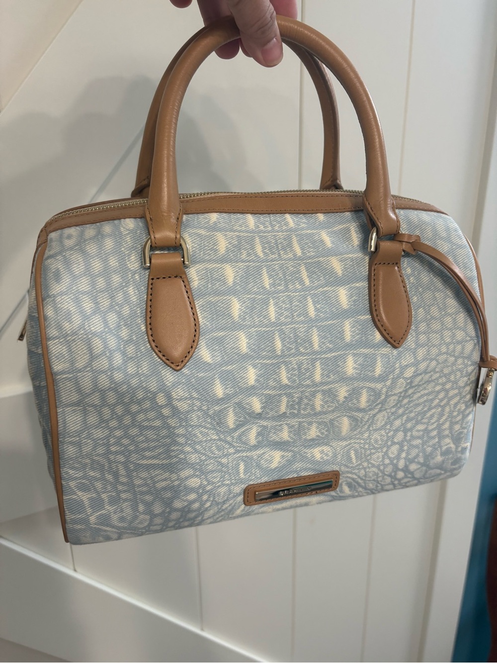 Brahmin Boston Denim Light Blue Croc-Print Satchel Tote with Tan Trim HTF!